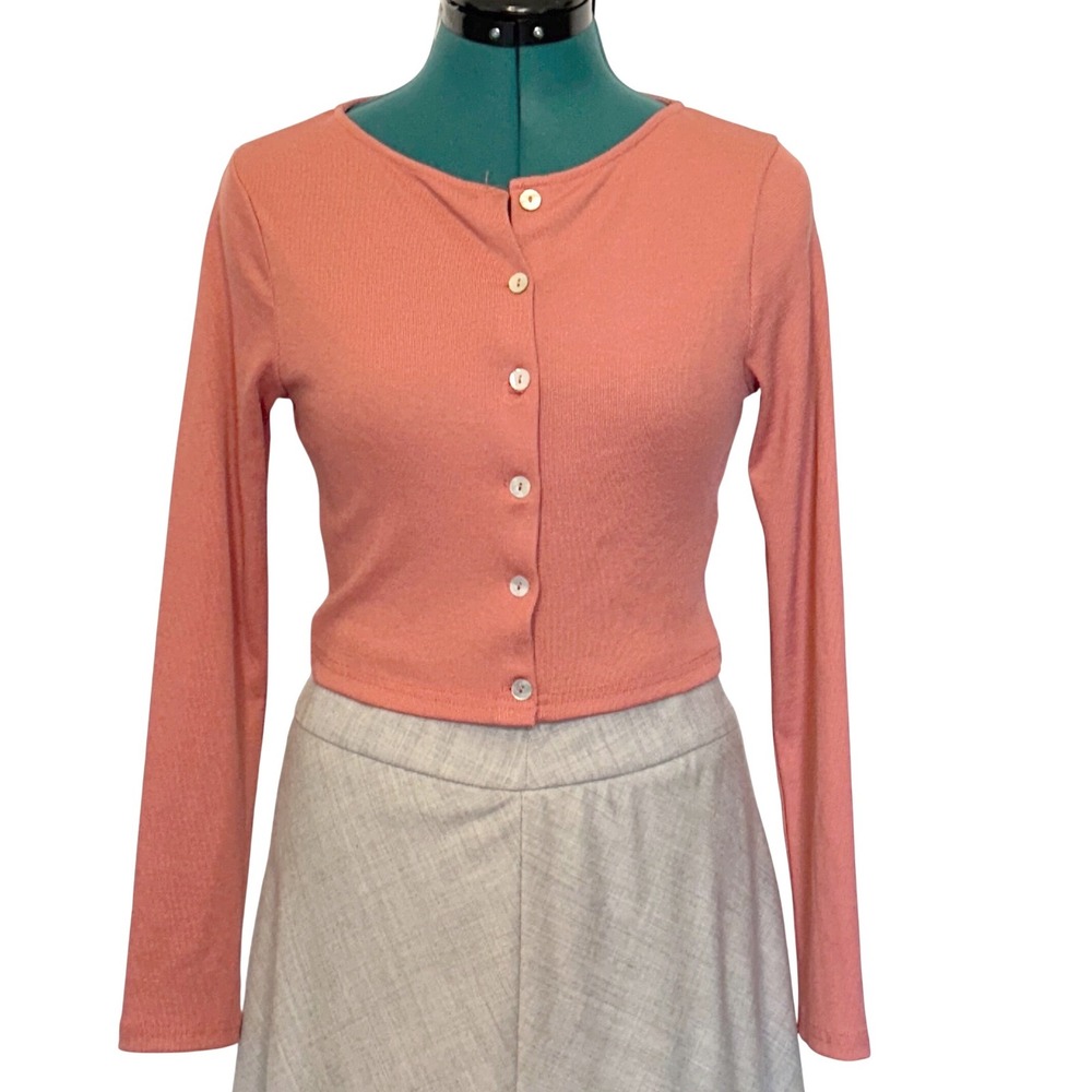 Lovers + Friends Womens Ribbed Knit Cropped Cardigan Coral Pink Slim Fit Small